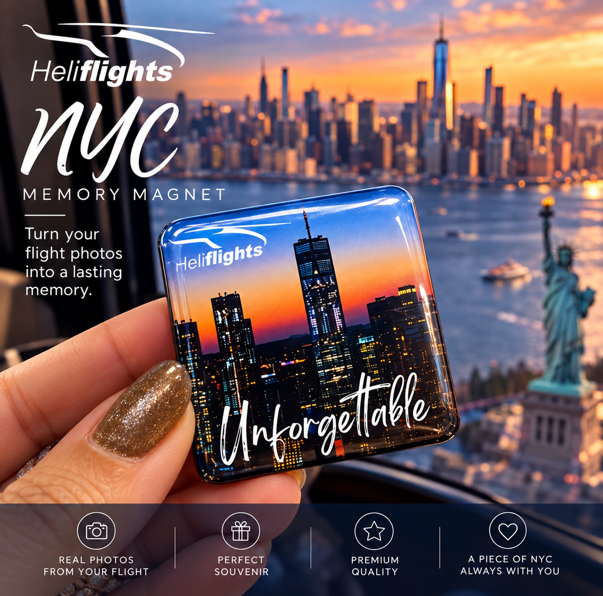 Heliflights Flight Memory NYC magnet in its black protective display frame